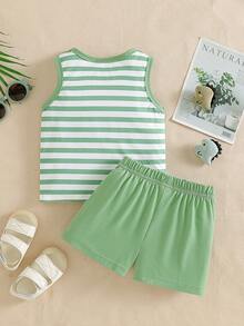 SHEIN Conjunto de top de tirantes a rayas con diseño de rana y pantalones cortos para bebés/niños pequeños, para verano - Verde - Ver 2