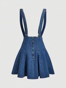 Sweetra Women's Retro Waist-Cinching Ruffle Hem Denim Pinafore Dress - Dark Wash - View 2