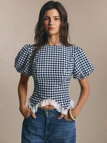 Poéselle 女士格子印花蕾丝拼接圆领短袖衬衫，夏季 - 黑與白 - 查看 7