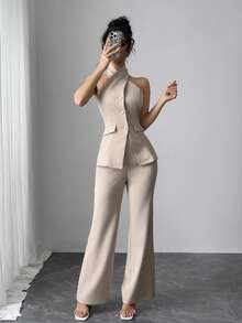 Feyla Set de 2 piezas de top halter de un solo pecho y pantalones de unicolor, conjunto casual de mujer - Albaricoque - Ver 5