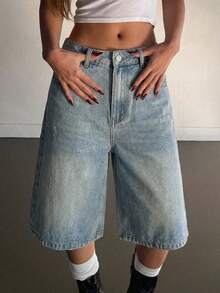Quần short denim nữ casual thường ngày, chất liệu denim mài, có túi xéo, thích hợp cho mùa hè. - Rửa nhẹ - Xem 2