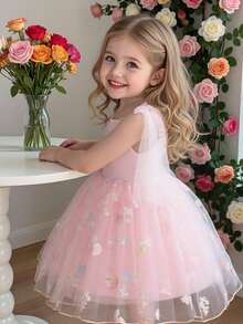 SHEIN Glamorique Kids 花童生日派对婚礼礼服，女童吊带薄纱蝴蝶结连衣裙，蝴蝶结肩部设计，刺绣薄纱蓬蓬裙，适合舞台表演、主持、参加派对或特殊场合、艺术照拍摄，四季皆宜。 - 粉色 - 查看 6