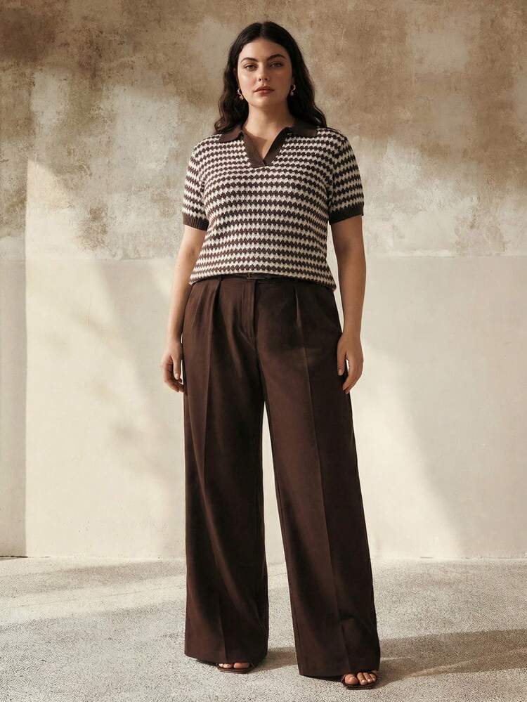 ヴィンテージ ストライプ Vネック ニットトップ、ブラウンカラーブロック、ビジネスカジュアル、プラスサイズ、春夏