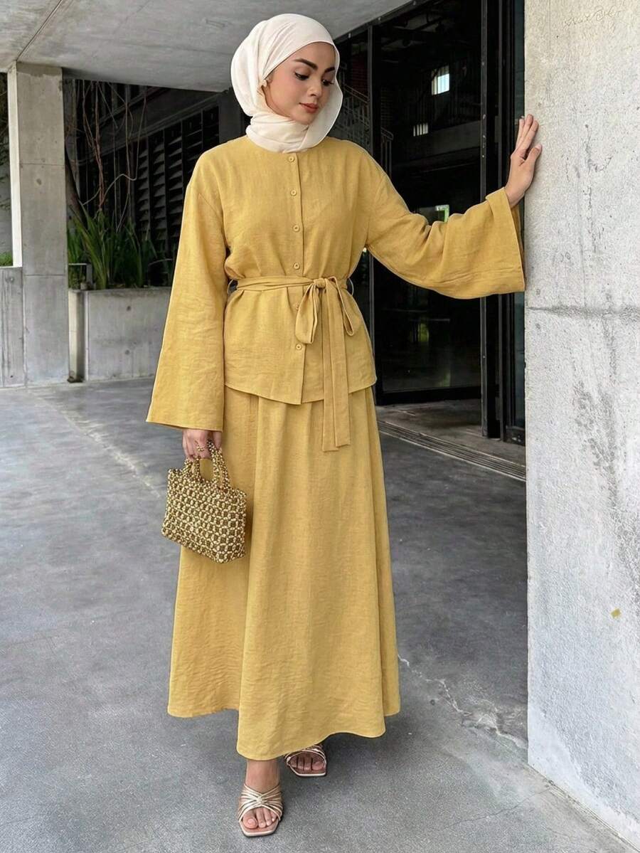 DAZY Spring Loose Casual Elegant Pullover Shirt & Long Skirt 2 Pieces Set For Women Lounge Sets For Women - Yellow - View 1