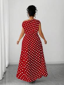 Elenzga Plus Size Women Summer Burgundy Autumn Elegant 1950s Vintage Wedding Polka Dot Dress, Oblique Collar French Retro Pleated Slim Fit Stylish Party - Red - View 2