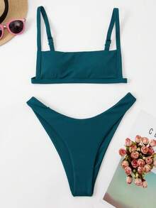 SHEIN Swim Summer Beach Rib High Cut Bikini Set - Dark Green - View 1
