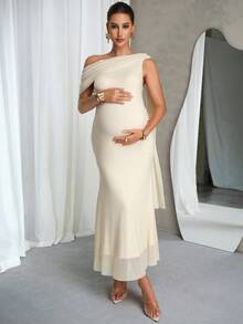 MaterniChic Maternity Elegant White Summer Dress,Pregnant Women's Asymmetrical Shoulder Bodycon Luxury Evening Party Dress For Baby Shower Wedding Guest - Apricot - View 8