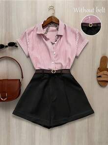 SHEIN Raffinéa Conjunto de 2 piezas para mujer con bloque de color contrastante, rayas, cuello de solapa y pliegues en la cintura, de manga corta - Rojo - Ver 4