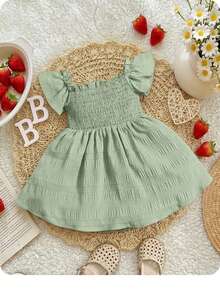 SHEIN Baby Girl Butterfly Sleeve Dress, Comfortable Cute Sweet Casual Dress Suitable For Summer - Mint Green - View 5