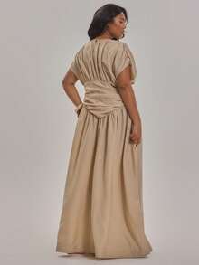MUSERA Plus Size Ruched Drop Sleeve Panel Detail Loose Fit Maxi Dress Spring Summer Elegant Holiday Vacation Beach Late Checkout - Khaki - View 4