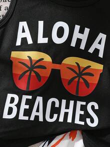 SHEIN 男童三件套夏季沙滩套装 | 男女童夏威夷风白色无袖背心 + “夏日时光”蓝色棕榈树印花短裤 + 配套遮阳帽 | 沙滩度假泳装罩衫 | 水上游戏服 | 4-7岁户外套装 | 家庭沙滩旅行休闲短裤帽子套装 | 清凉夏日装扮 - 彩色 - 查看 8