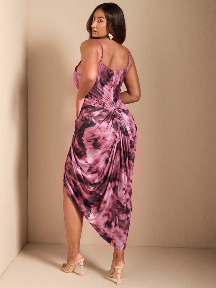 SHEIN BAE Đầm nữ size lớn mùa hè cổ chữ V xẻ tà màu hồng nhạt họa tiết in, đầm thường ngày/lễ hội/hẹn hò/tiệc tùng, đầm dự tiệc cưới, đầm sinh nhật nữ gợi cảm - Nhiều màu - Xem 2