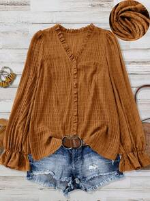 Linhara Blusa holgada de manga larga con cuello en V y volantes en el bajo, de unicolor y textura, de material suave y cómodo, adecuada para uso diario, tallas grandes para mujeres - Naranja - Ver 1