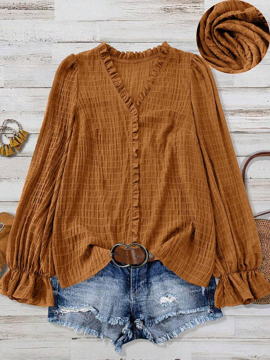 Linhara Blusa holgada de manga larga con cuello en V y volantes en el bajo, de unicolor y textura, de material suave y cómodo, adecuada para uso diario, tallas grandes para mujeres - Naranja - Ver 1