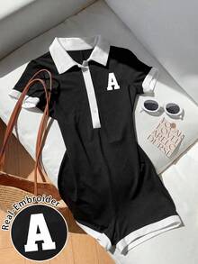 Teen Girls Casual Back To School Sports Summer Romper Contrast - Black - View 5
