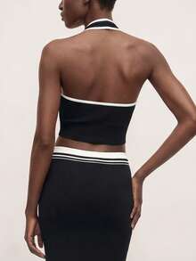 CAJUNI Women's Summer Fashionable Casual Vacation Contrast Trim Backless Halter Top - Black and White - View 2