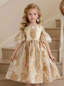 Glamorique Kids Girls Gold Party Dress,White,Summer,Elegant,Sequin,Wedding,Round Neck Flounce Sleeves Jacquard Floral Pattern Organza Midi Princess Luxury Performance - Gold - View 1