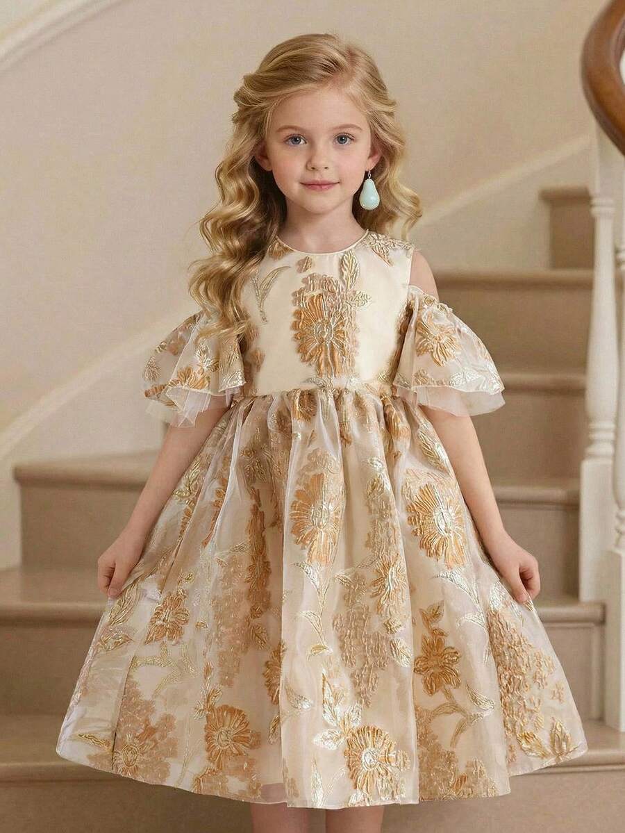 Glamorique Kids Girls Gold Party Dress,White,Summer,Elegant,Sequin,Wedding,Round Neck Flounce Sleeves Jacquard Floral Pattern Organza Midi Princess Luxury Performance - Gold - View 1