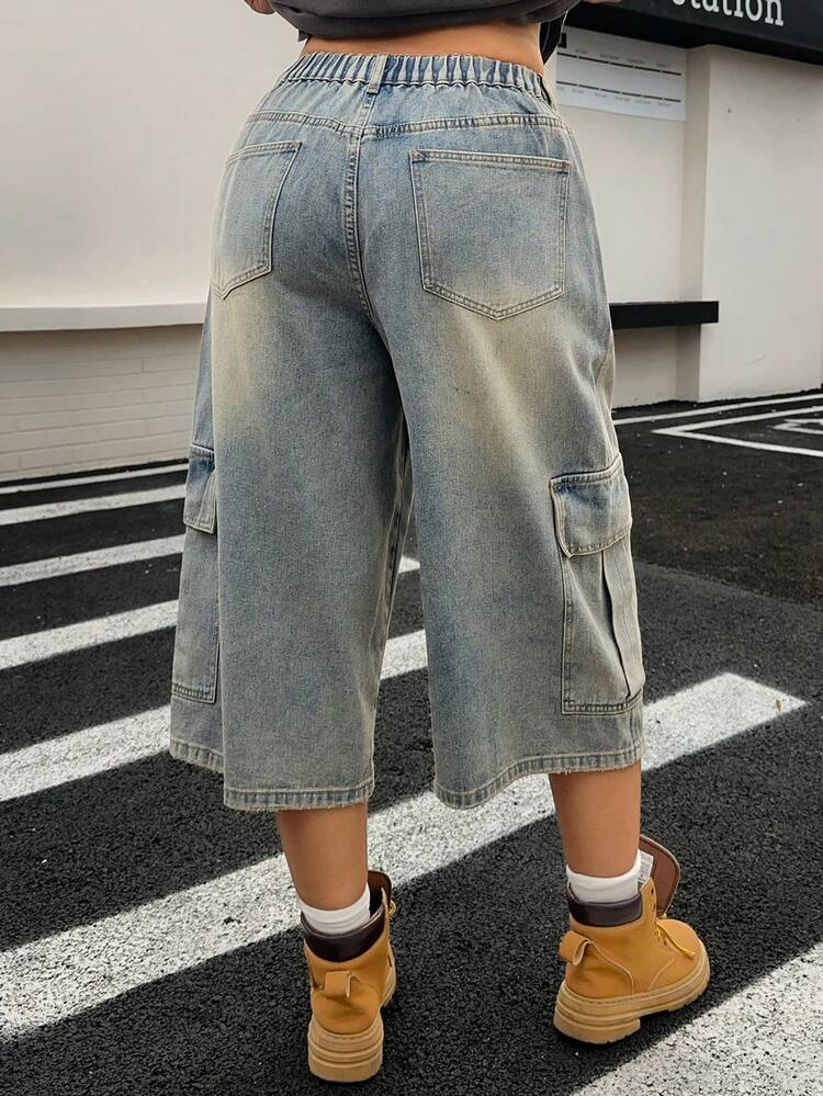 Dazy Plus Light Wash Denim Wide Leg Capri Jeans With Side Pockets, Casual Street Style, Plus Size, Spring/Summer