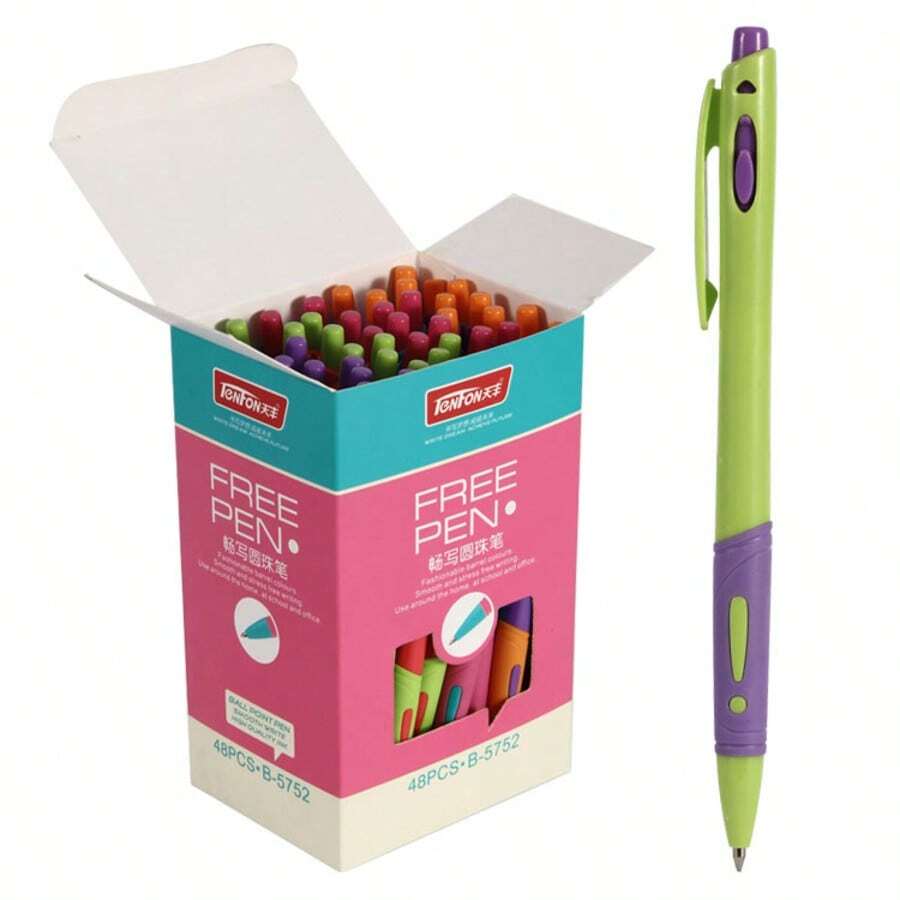 48-Pack Of Press-Down Ballpoint Pens, 0.7mm Blue Oil-Based Pens, With High Contrast And Fashionable Design, Suitable For Primary School Students For Note-Taking, Retro Office Supplies, Multi-Functional Pen. - Blue - View 1