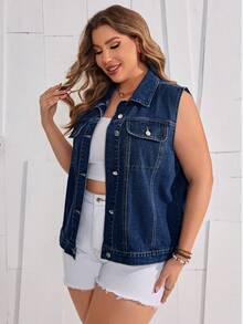 Firerie Plus Size Women Casual Single-Breasted Denim Jacket, Versatile For Daily Wear - Dark Wash - View 5