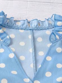 Linhara Plus Size Women's Vintage Polka Dot Puff Sleeve V-Neck Ruffle Trim Loose Light Blue Summer Cute Everyday Casual Blouse,Suitable For Work,Beach,Spring - Multicolor - View 5