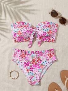 Swim Mod Conjunto de 2 piezas con parte superior con volantes tipo bandeau y traje de baño de flores diminutas, mejor vendido para primavera/verano - Multicolor - Ver 8