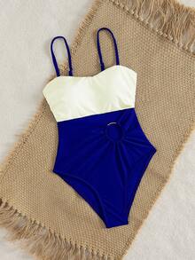 Swim Chiccia Traje de baño de una pieza con pliegues, de moda madura, con anillo de metal con corte en contraste blanco y negro, para mujer, para primavera y verano, para festivales de música en la playa - Multicolor - Ver 4