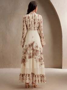 Anewsta Elegant Floral Digital Print Dress,Spring Autumn Beige Tea Party Long Sleeve Flare Sleeve Pink Spaghetti Strap Graphic Valentine's Day Vacation - Light Yellow - View 2