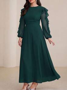 Modelyn Long Round Neck Ruffle Sleeve Black Dress - Dark Green - View 4
