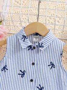 SHEIN Áo sơ mi ngắn tay kẻ sọc dệt kim kiểu dáng thường ngày dành cho bé gái - Màu xanh lam - Xem 4