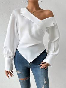 Calvaya Women's Asymmetrical Shoulder Lantern Sleeve Shirt,Long Sleeve Tops Fall Cloth For Women - White - View 1