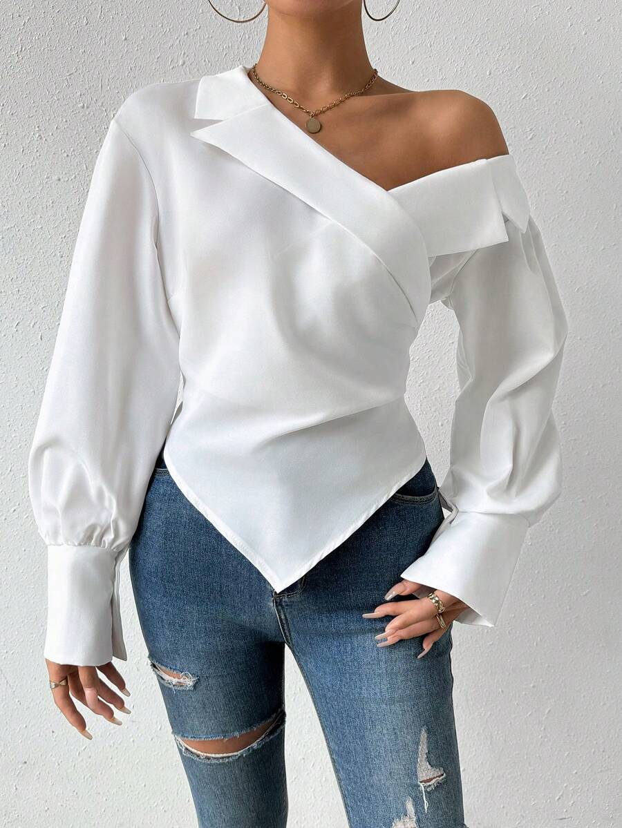 Calvaya Women's Asymmetrical Shoulder Lantern Sleeve Shirt,Long Sleeve Tops Fall Cloth For Women - White - View 1