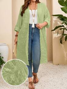 EMERY ROSE Plus Size Women's Casual Solid Color Long Coat , Summer Spring Festival For Beach Vacation Holiday Country Concert Fall - Green - View 3