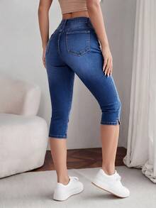 Breezaya Quần jeans nữ cỡ lớn có túi, cài nút, kiểu dáng thường ngày, dài đến 7/8, đa năng. - Màu xanh lam - Xem 2