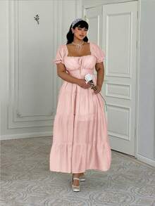 Lyrianda Plus Size French Ruffle Bow Tie Waist Spring/Summer Regular Dress Tea Party Dusty Pink Cottagecore Cute Comfy - Pink - View 3