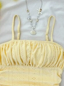 SHEIN Vestido de verano informal de estilo casual para niñas preadolescentes, vestido de tirantes con pliegues en el busto y textura de jacquard en color crema amarillento - Amarillo - Ver 4