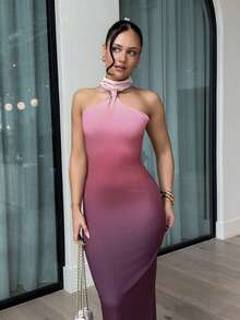 leahseptember Women's Elegant Sexy Metal Buckle Decor Hollow Out Bodycon Black Knit Stretch Maxi Dress, Ombre Angola Red Print, Graceful,Party Dress Chic Dress,Wedding Guest Dress,Prom Dress,Fall Wedding Guest Dress - Multicolor - View 5