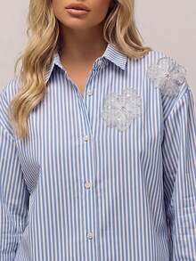 RueChic Women's Blouse – Blue And White Stripe, Two Applique Flower Details Office Summer Tropical - Blue and White - View 1