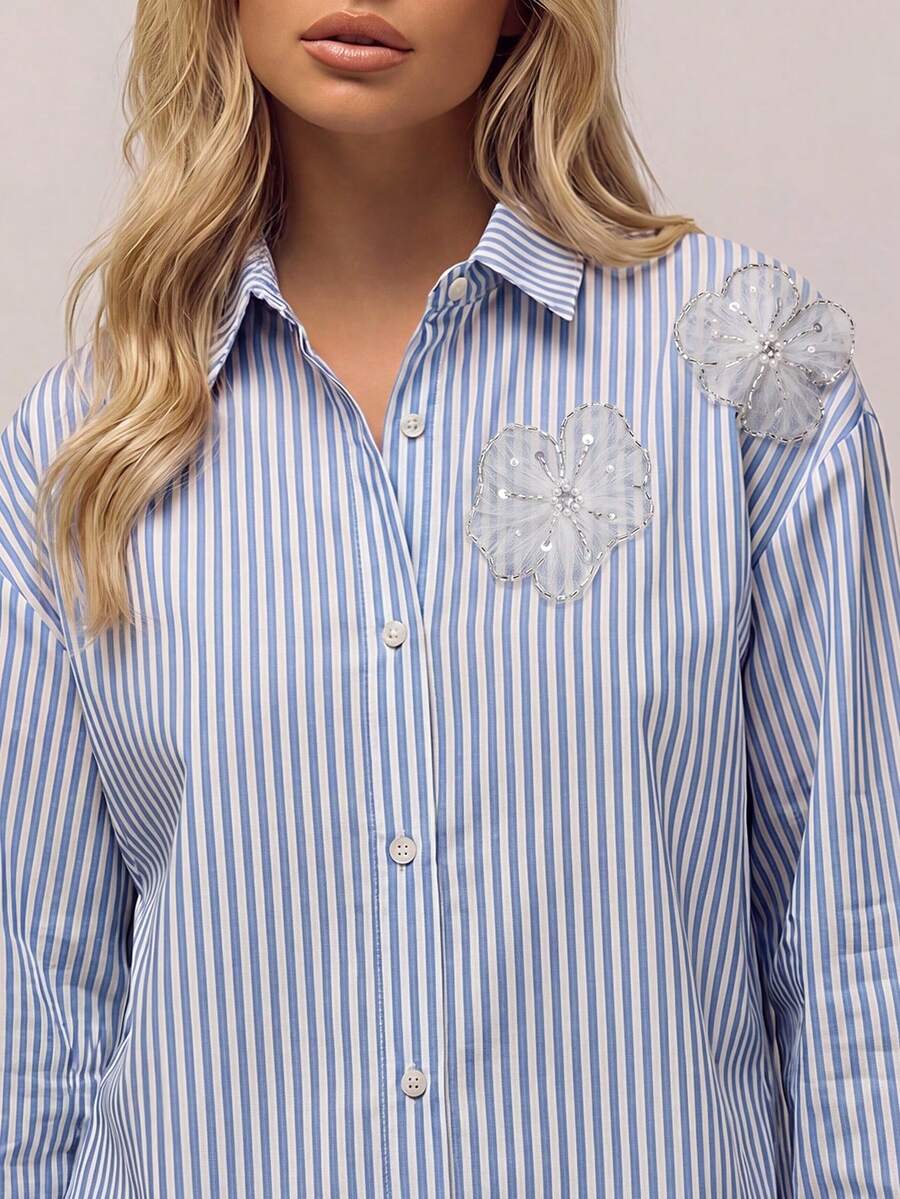 RueChic Women's Blouse – Blue And White Stripe, Two Applique Flower Details Office Summer Tropical - Blue and White - View 1