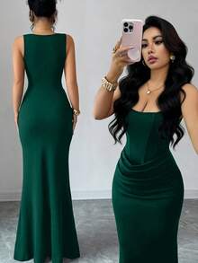 Selianne Đầm hè gợi cảm mới, đầm đen, cổ vuông kiểu Pháp, viền corset giả, dáng đuôi cá, thiết kế xếp ly eo, đầm đuôi cá, đầm dự tiệc cưới, thích hợp cho kỳ nghỉ, hẹn hò, tiệc tùng, ngày Valentine, đám cưới. - Màu xanh lá cây đậm - Xem 2