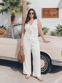 Solavibe Plus Size All White 2 Pieces Lace Trim Knit Set Vacation Summer Outfit Zante Holiday Two Piece Set Yrack Suits For Ladies Brunch Formal Party Casual - White - View 6