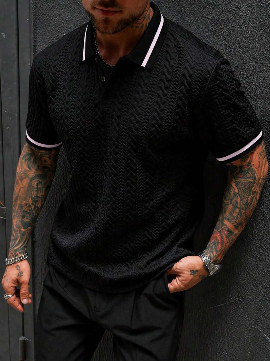 EGENSIO Men's Jacquard Textured Knit Polo Shirt With Ribbed Collar And Cuffs - Black - View 1