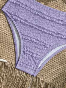 SHEIN Tween Girl Knit Jacquard Solid Color Sleeveless Halter Ruffle Tankini Swimwear Set - Purple - View 5