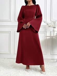 Modelyn Women Solid Color Long Sleeve Cinched Waist Simple Casual Ankle Length Modest Dress, Burgundy Modest Party Dress Long Evening Dresses - Burgundy - View 6