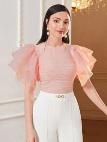 Modelyn Camiseta unicolor de malla de manga mariposa - Rosa Pálido - Ver 6