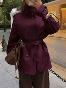 Elyressa Women's Solid Color Raglan Sleeve Tie-Waist Casual Trench Coat - Red Violet - View 4