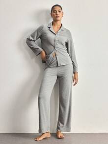 Ocili Bộ đồ ngủ dài tay cổ bẻ rộng rãi, thoải mái dành cho nữ - Xám - Xem 2