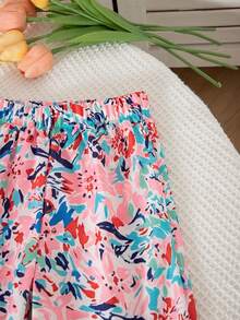 SHEIN Bộ đồ 2 món cho bé gái mùa hè, gồm áo tay ngắn và quần ống rộng cạp chun, thích hợp cho kỳ nghỉ và du lịch. - Hồng - Xem 5