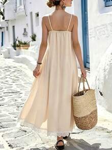 Breezaya Women's Elegant French-Style Beige White Lace Camisole Summer Dress,V-Neck Waist Splicing Satin Glossy Fabric,Tea Party Holiday Vacation Gown - Apricot - View 3